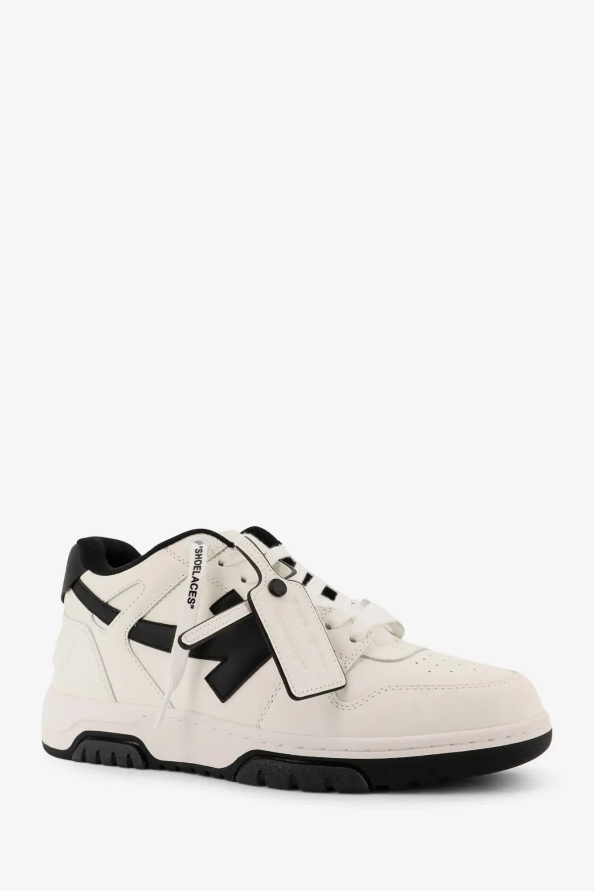 Off-white men’s out of office leather sneakers in white with black accents and a distinctive logo tag