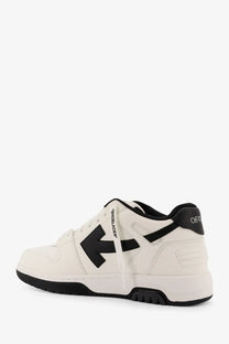 Off-White men’s out of office white leather sneaker with black accents and bold arrow logo on the side