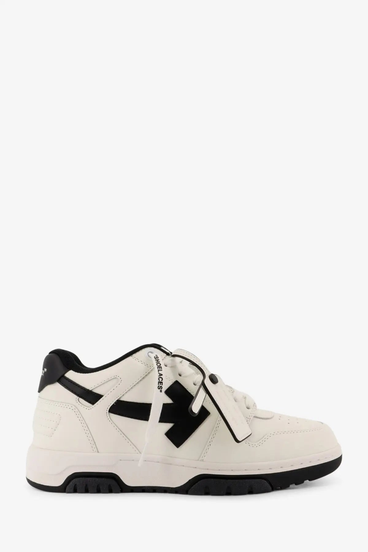 Off-White men’s out of office white leather sneaker with black accents and bold arrow logo with shoe laces branding