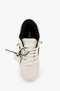 Off-White men’s out of office leather sneaker in white with black accents and a distinctive tag design