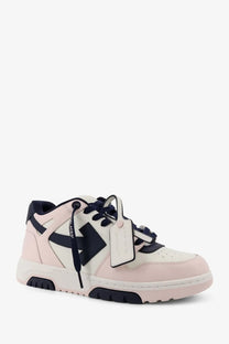 Off-white men’s out of office leather sneakers in pastel pink navy blue with bold black logo and chunky rubber sole