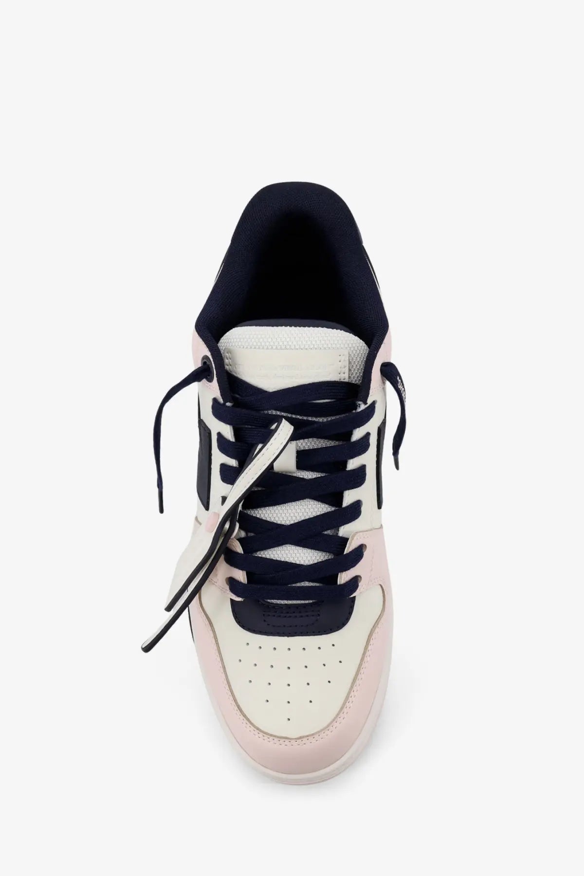 Off-White men’s out of office leather sneakers in pastel pink and navy blue with white sole and black laces