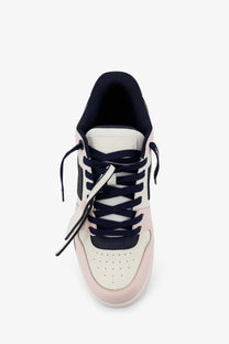 Off-White men’s out of office leather sneakers in pastel pink and navy blue with white sole and black laces
