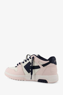 Off-white men’s out of office leather sneakers in pink white with black accents and bold arrow logo on the side