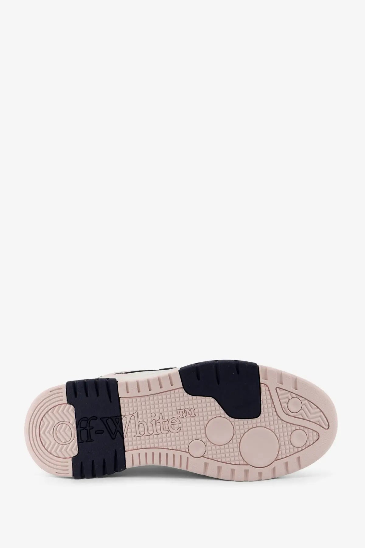 Off-white men’s out of office leather sneakers blue with beige rubber sole and black heel tab showing brand logo back view