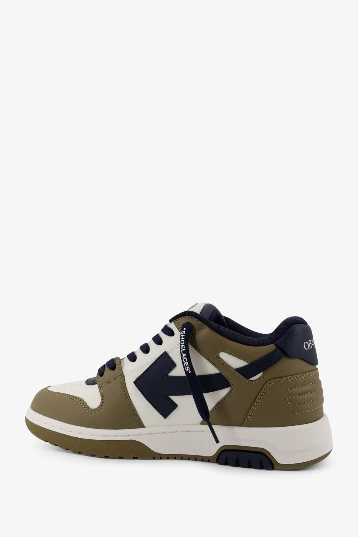 Off-white men’s out of office leather sneakers green with olive green and white color and bold black arrow logo on side
