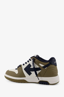Off-white men’s out of office leather sneakers green with olive green and white color and bold black arrow logo on side