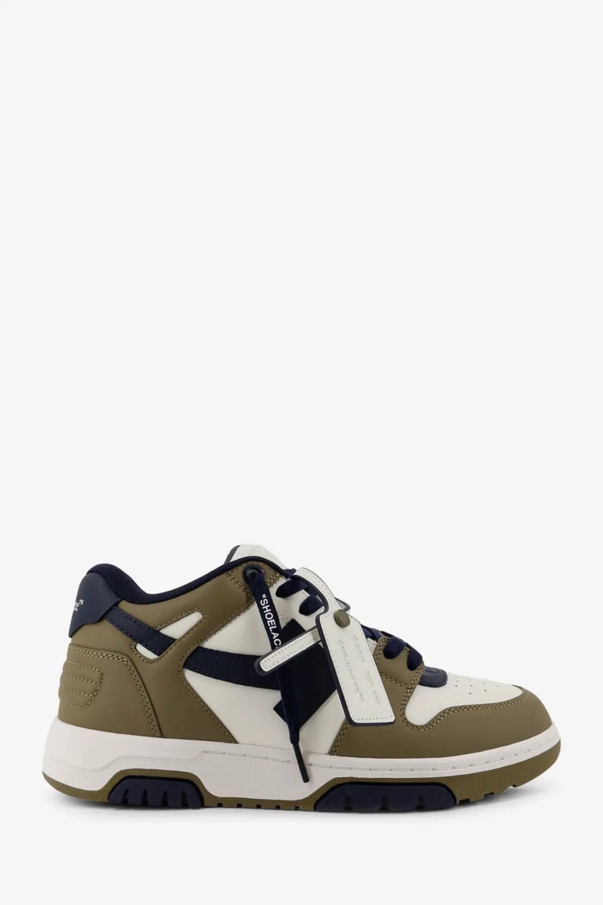 Off-white men’s out of office leather sneakers in olive and white with black accents and distinctive lace label