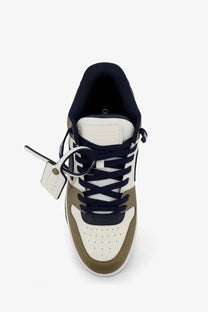 Off-white men’s out of office leather sneakers green with white and olive high-top, navy laces, perforated toe box, and white tag