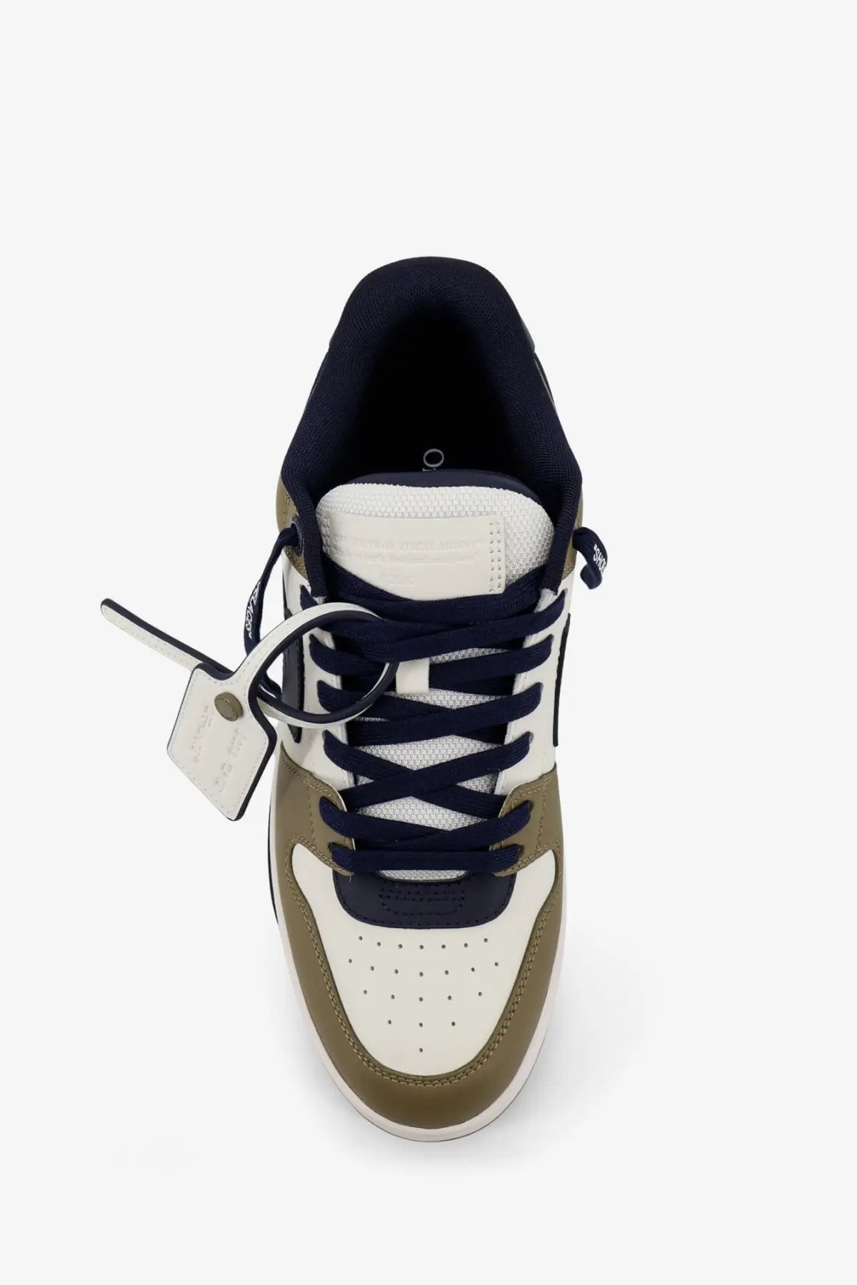 Off-White men’s out of office leather sneaker in white and olive green with navy laces perforated toe box and white tag