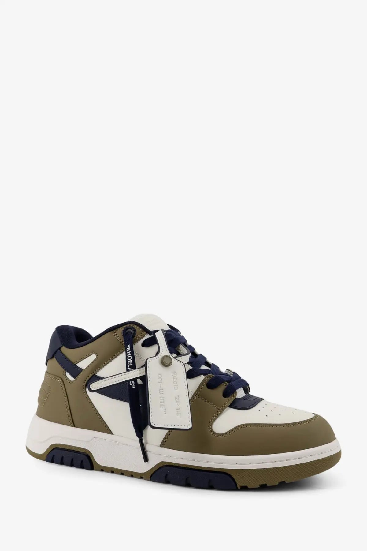 Off-White men’s out of office leather sneaker in olive and white with navy accents and rubber sole