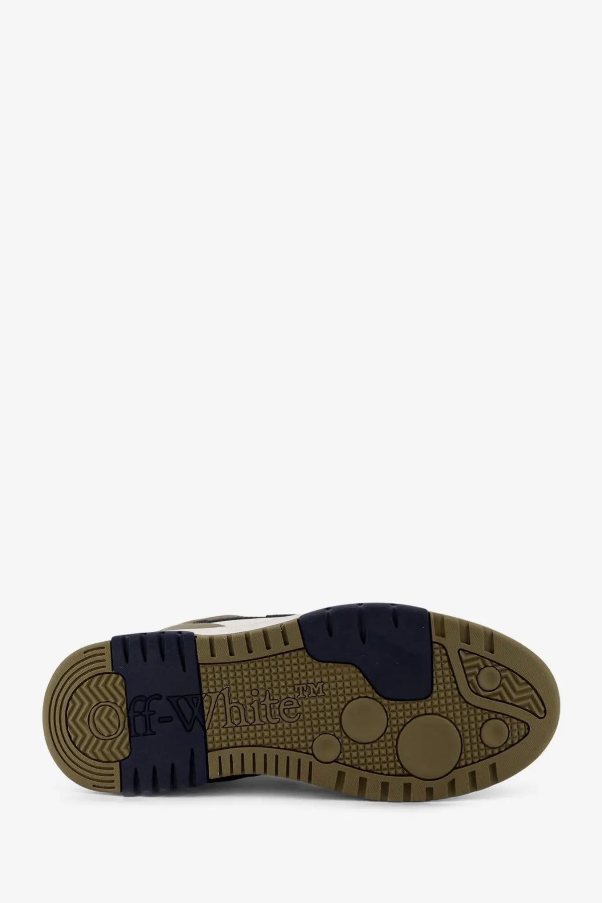 Off-white men’s out of office leather sneaker with tan rubber sole and navy blue heel tab with logo detail