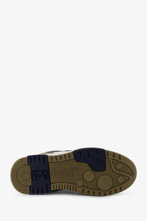 Off-white men’s out of office leather sneaker with tan rubber sole and navy blue heel tab with logo detail