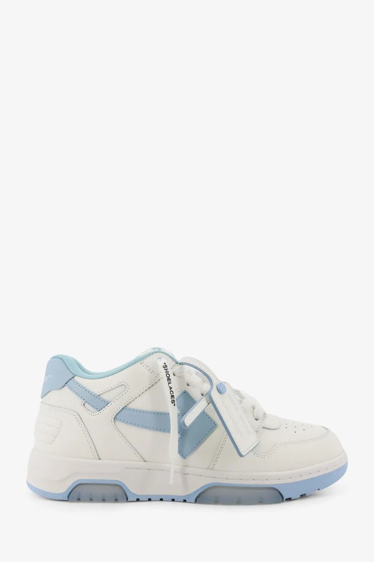 Off-white men’s out of office leather sneakers in white and light blue with contrasting panels and branded laces