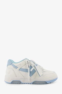Off-white men’s out of office leather sneakers in white and light blue with contrasting panels and branded laces