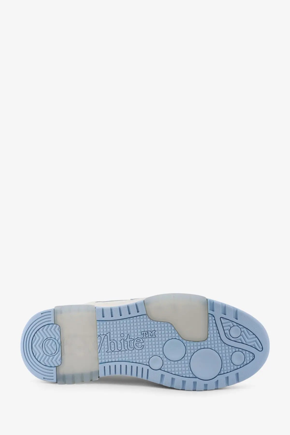 Off white men’s out of office leather sneakers white with light blue rubber sole translucent sections and embossed white logo