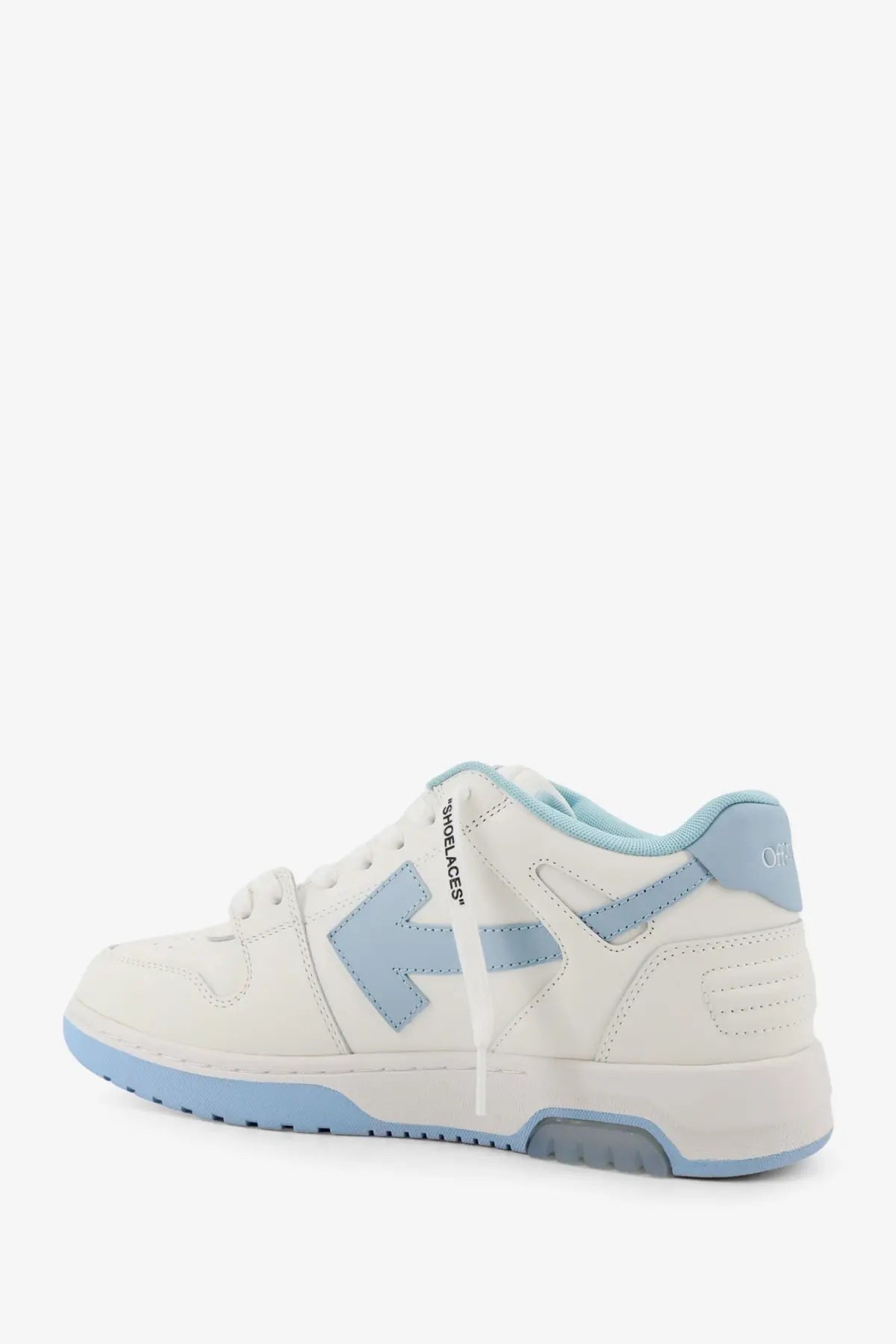 Off-White men’s out of office leather sneakers in white with light blue accents and a bold arrow logo on the side