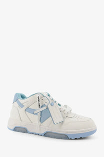 Off-White men’s out of office leather sneaker in white with light blue off-white chunky sole and signature label tag