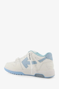Off-white men’s out of office leather sneakers in white with light blue accent and bold arrow logo on the side