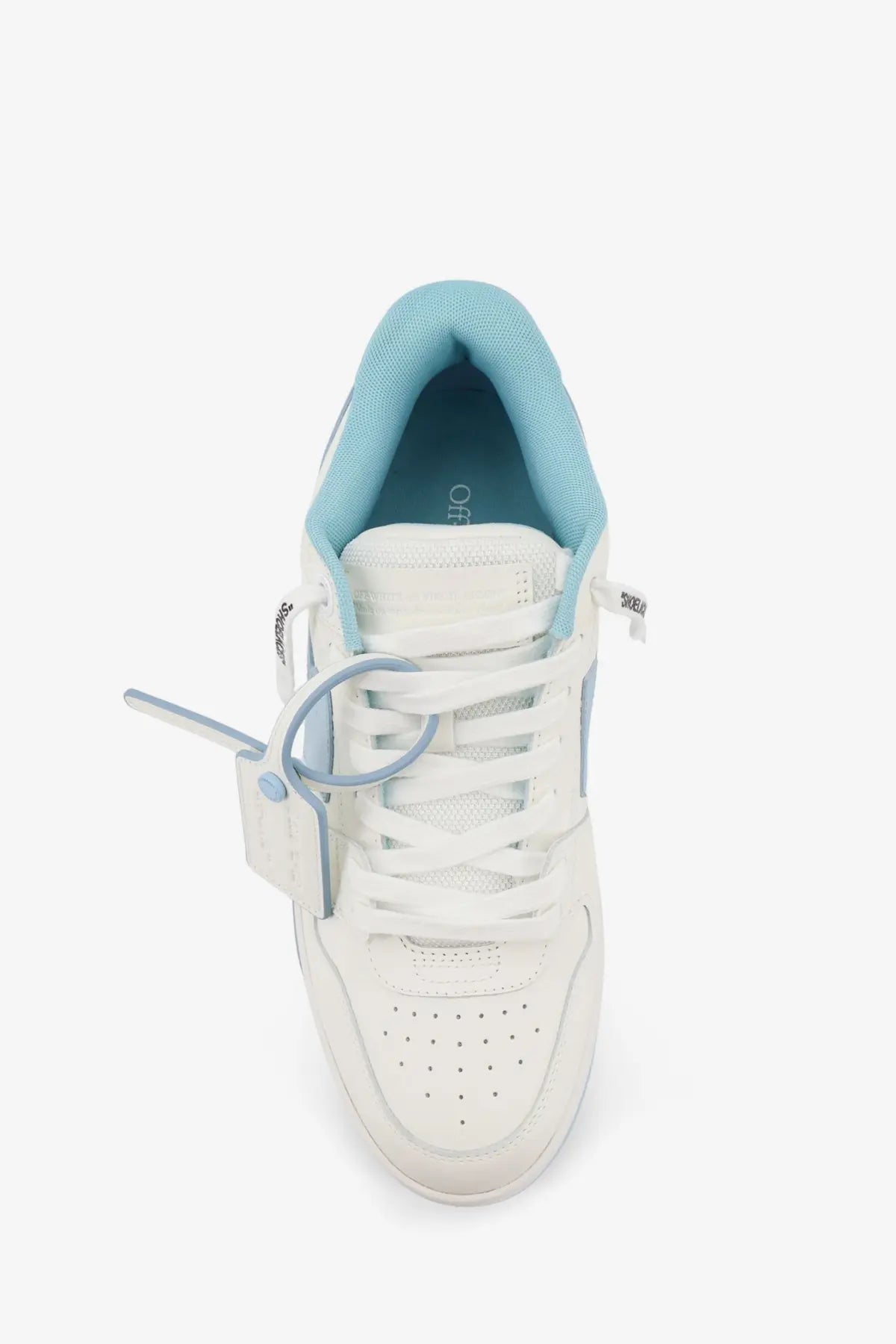 Off-white men’s out of office leather sneakers white with light blue accents and distinctive zip-tie lacing system