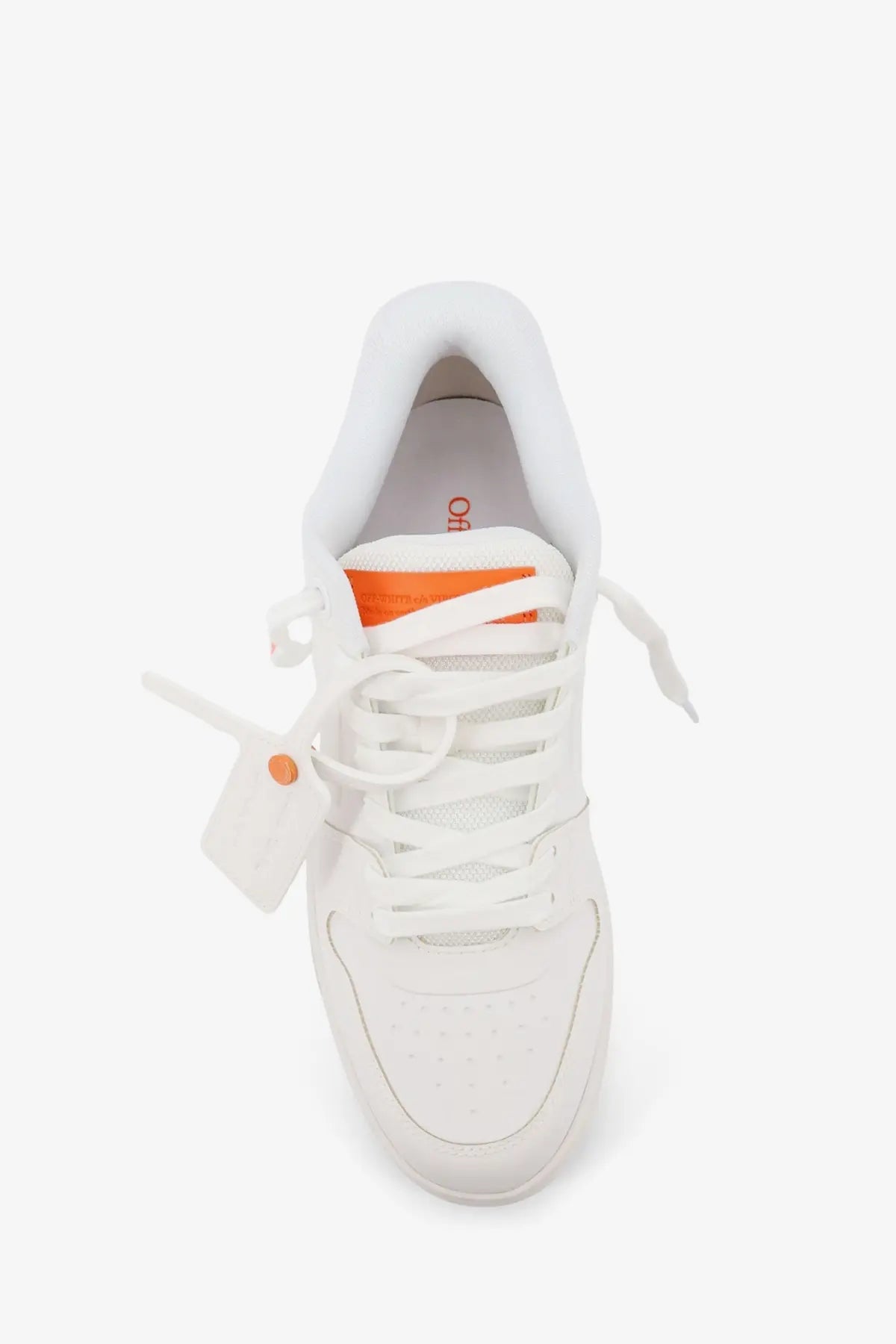 Off-white men’s out of office molded leather sneakers in white with orange accents and tag on laces