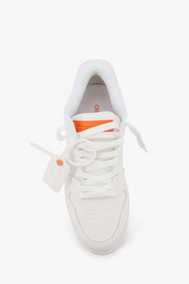 Off-white men’s out of office molded leather sneakers in white with orange accents and tag on laces