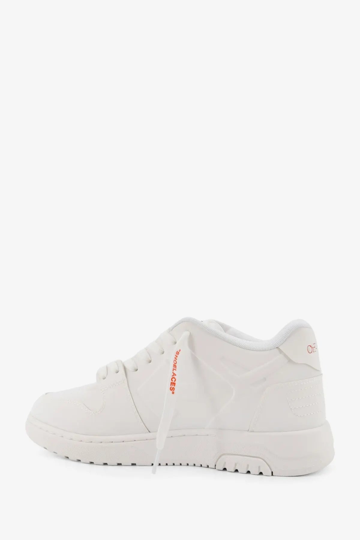 Off-white men’s out of office molded leather sneakers white with red branding on side and heel shown from back side