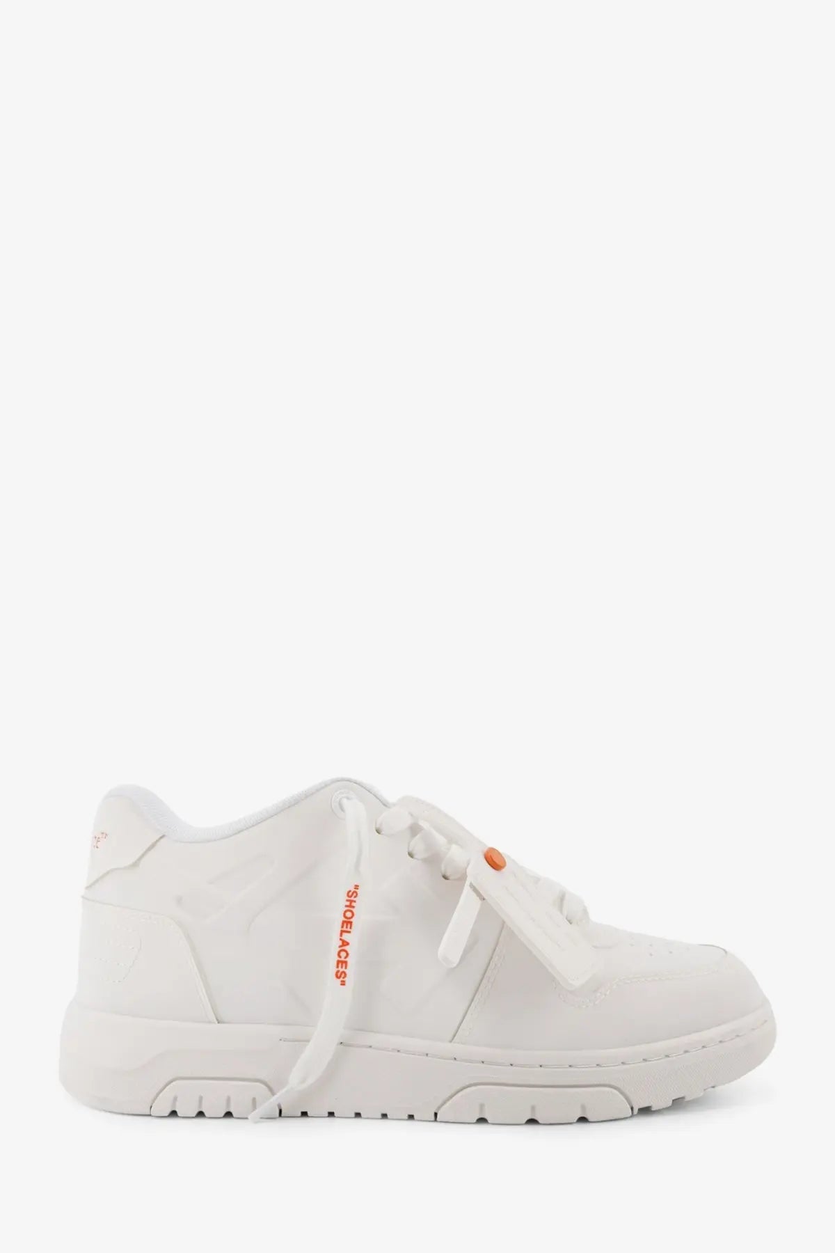 Off-White men’s out of office molded leather sneakers white with off-white color and orange branding on laces