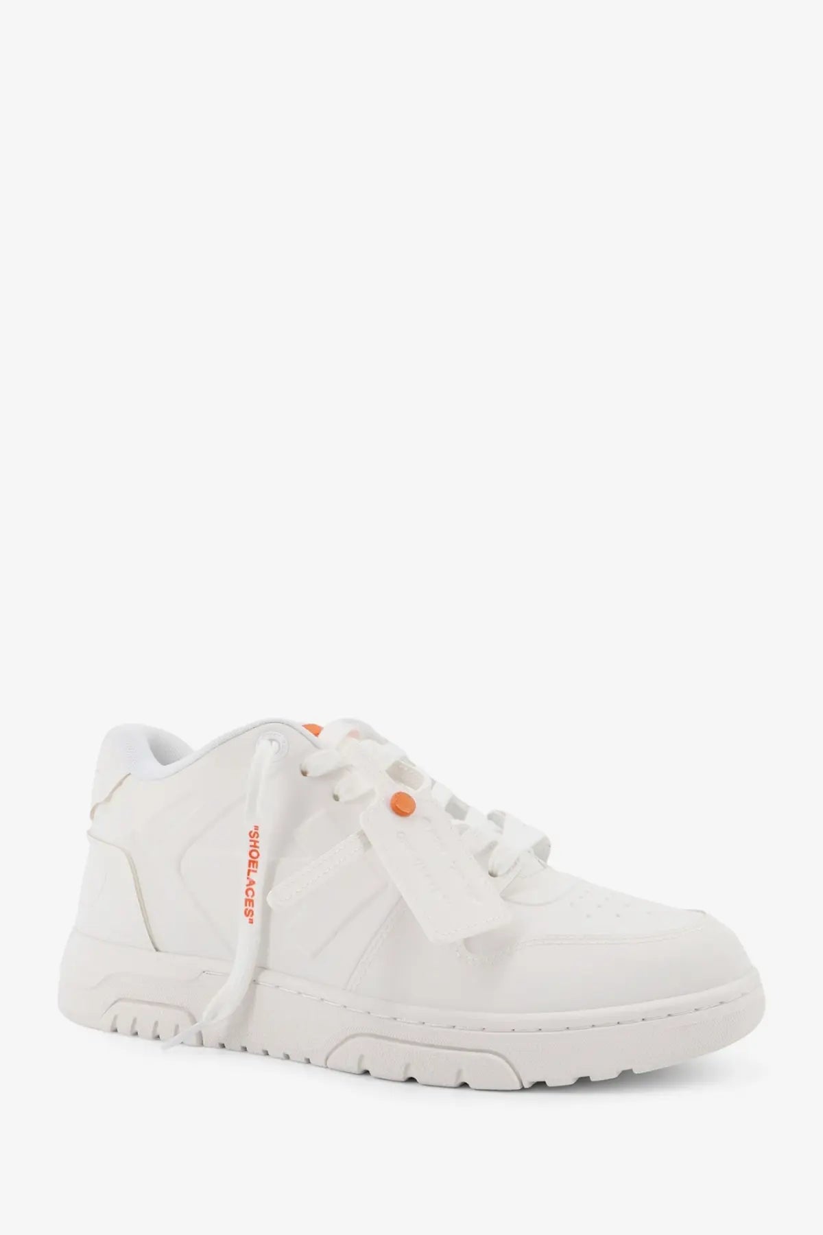 Off-white men’s out of office molded leather sneaker in white with orange laces and minimalist design