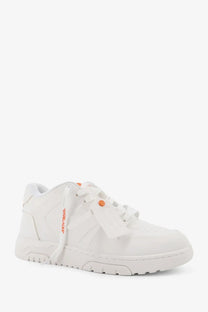 Off-white men’s out of office molded leather sneaker in white with orange laces and minimalist design