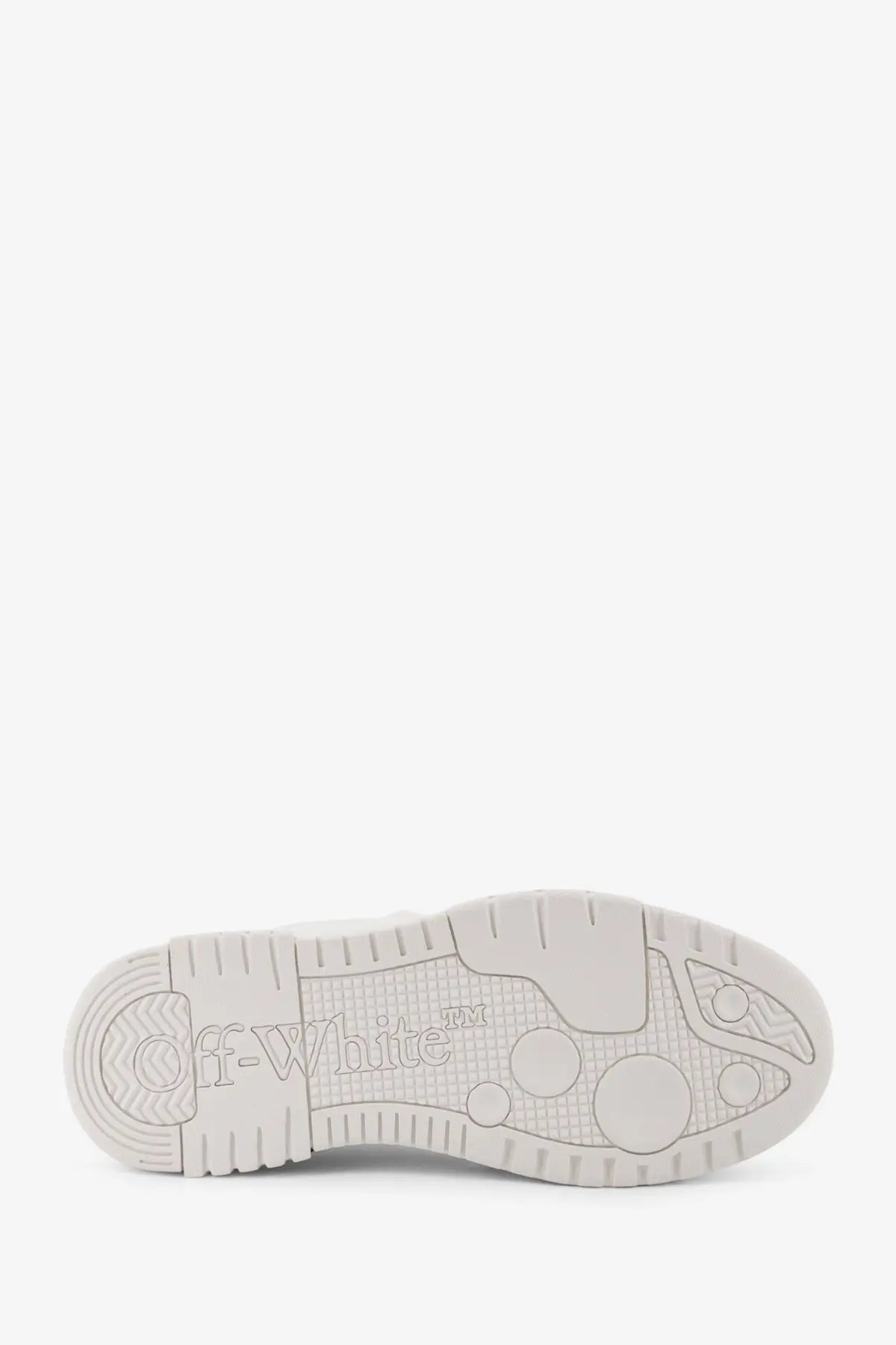 White off-white sole of off-white men’s out of office molded leather sneakers with embossed logo and circular tread patterns