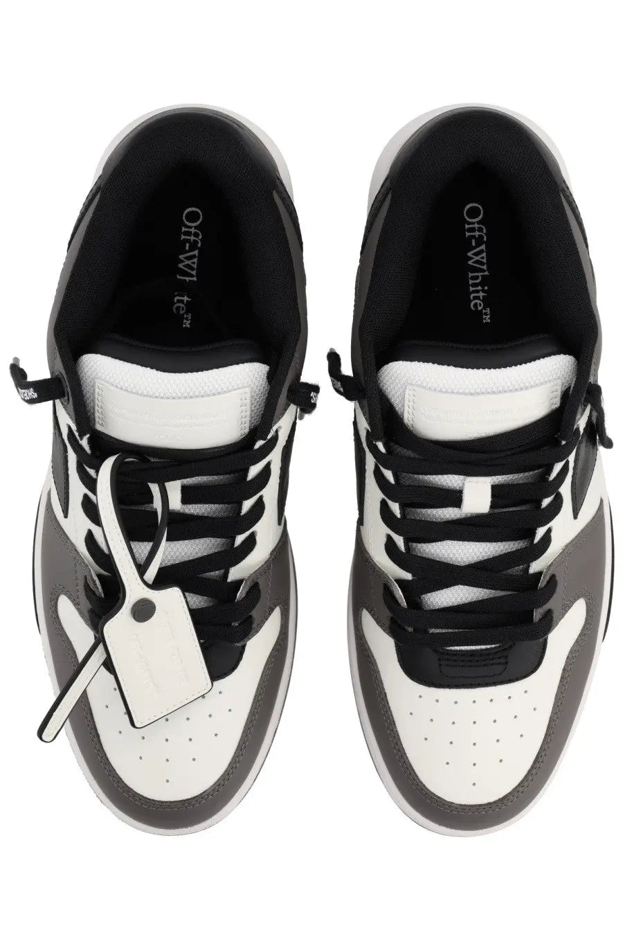 Off-white men’s out of office sneaker beige in black white and gray with distinctive tag on the laces