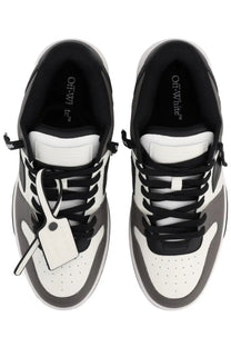 Off-white men’s out of office sneaker beige in black white and gray with distinctive tag on the laces