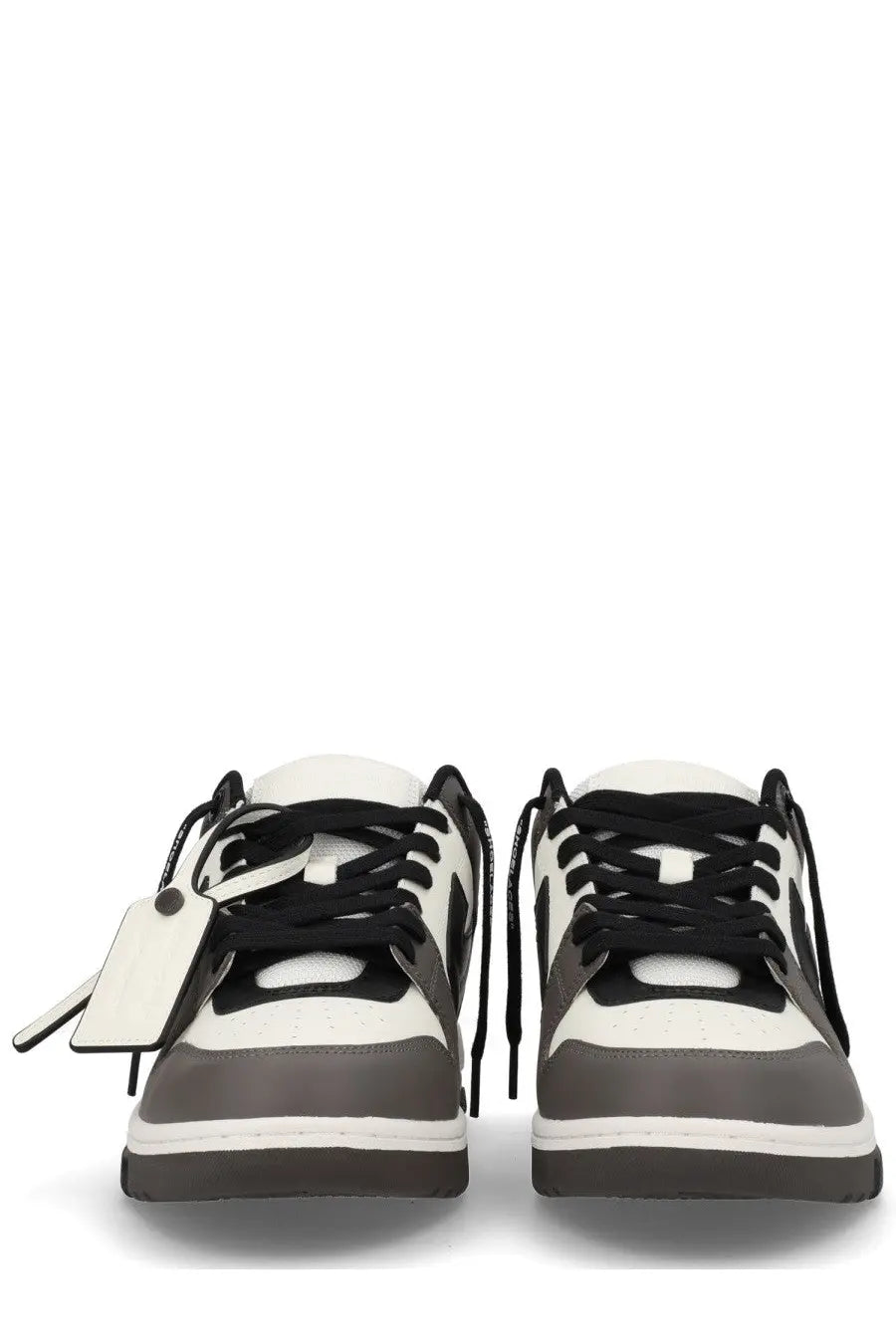 Off-white men’s out of office sneaker beige in black and white with gray rubber sole and signature tag on one shoe