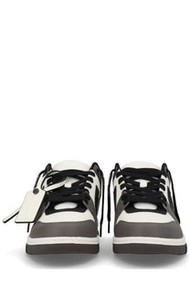 Off-white men’s out of office sneaker beige in black and white with gray rubber sole and signature tag on one shoe