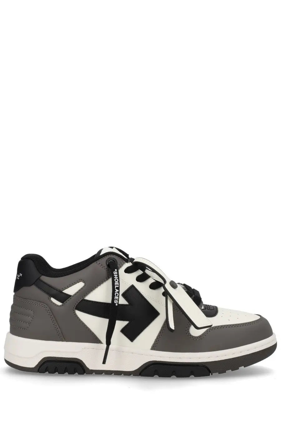 Off-White men’s out of office sneaker in beige with gray white and black accents and a bold arrow logo on the side