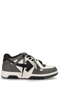 Off-White men’s out of office sneaker in beige with gray white and black accents and a bold arrow logo on the side