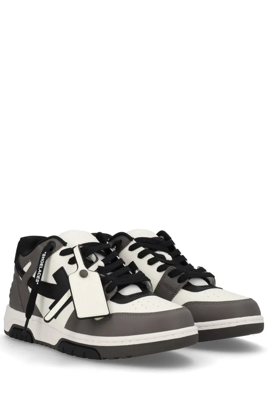 Off White men’s out of office sneaker beige in white and gray off white with black laces and bold logo tag on the side