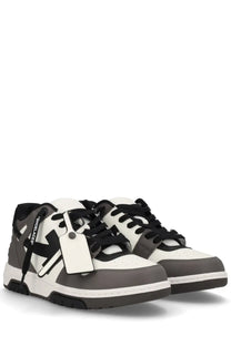 Off White men’s out of office sneaker beige in white and gray off white with black laces and bold logo tag on the side