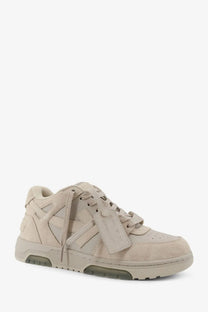 Beige suede low-top off-white men’s out of office sneaker with geometric design and matching laces in white leather accents