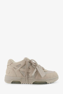 Beige suede off-white men’s out of office low-top sneaker with off-white logo patch and matching laces