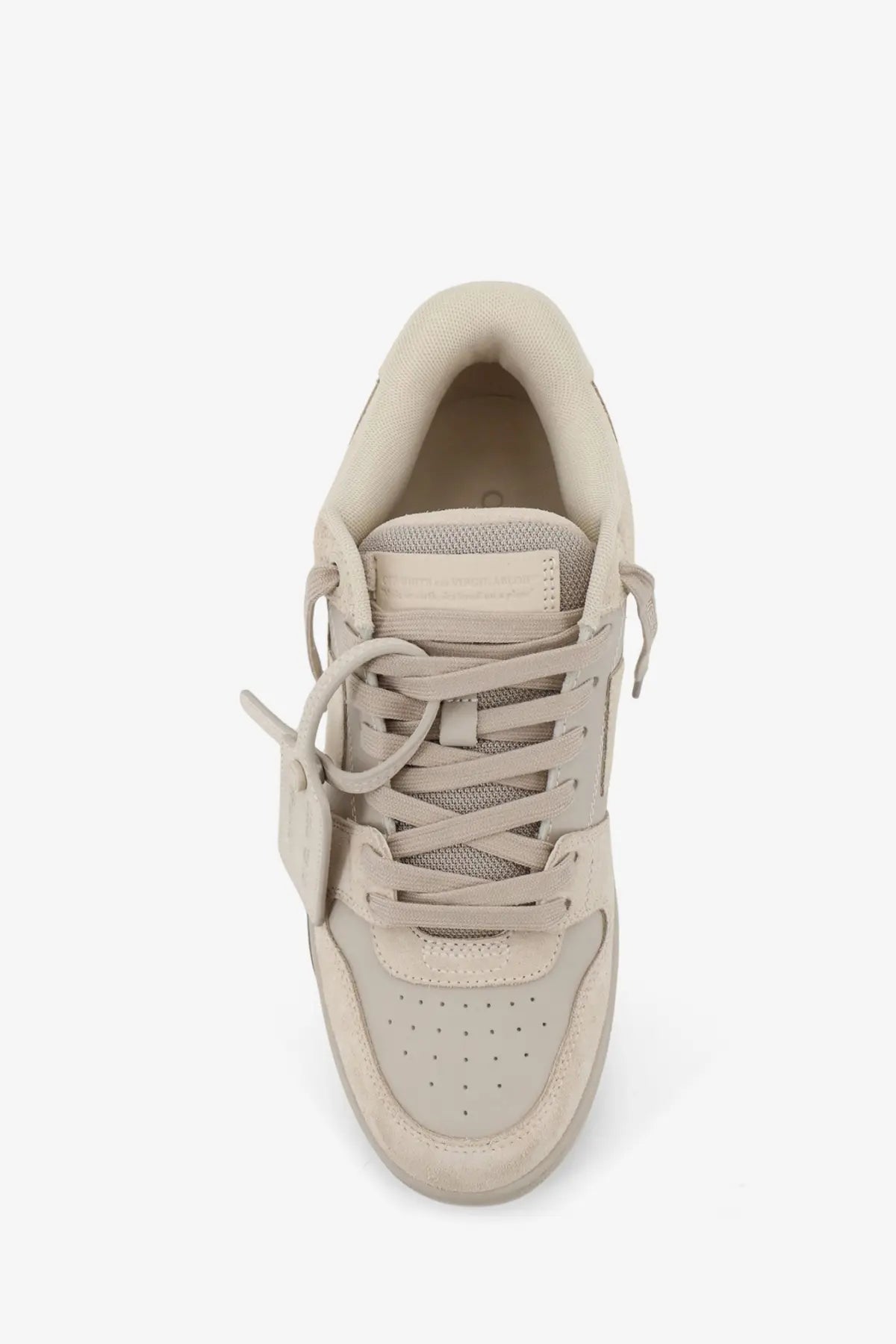 Beige Off-White men’s out of office suede and leather low-top sneaker with matching laces and perforated toe box