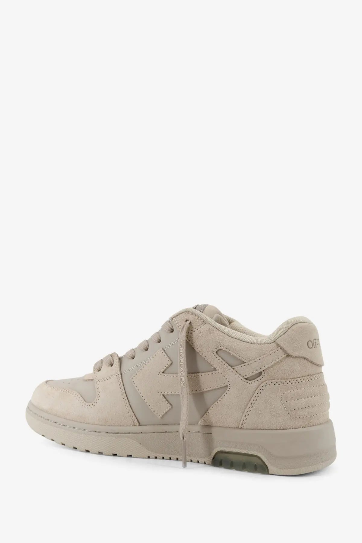Off-white men’s out of office beige suede sneaker with cut-out arrow design and matching laces in white and leather accents