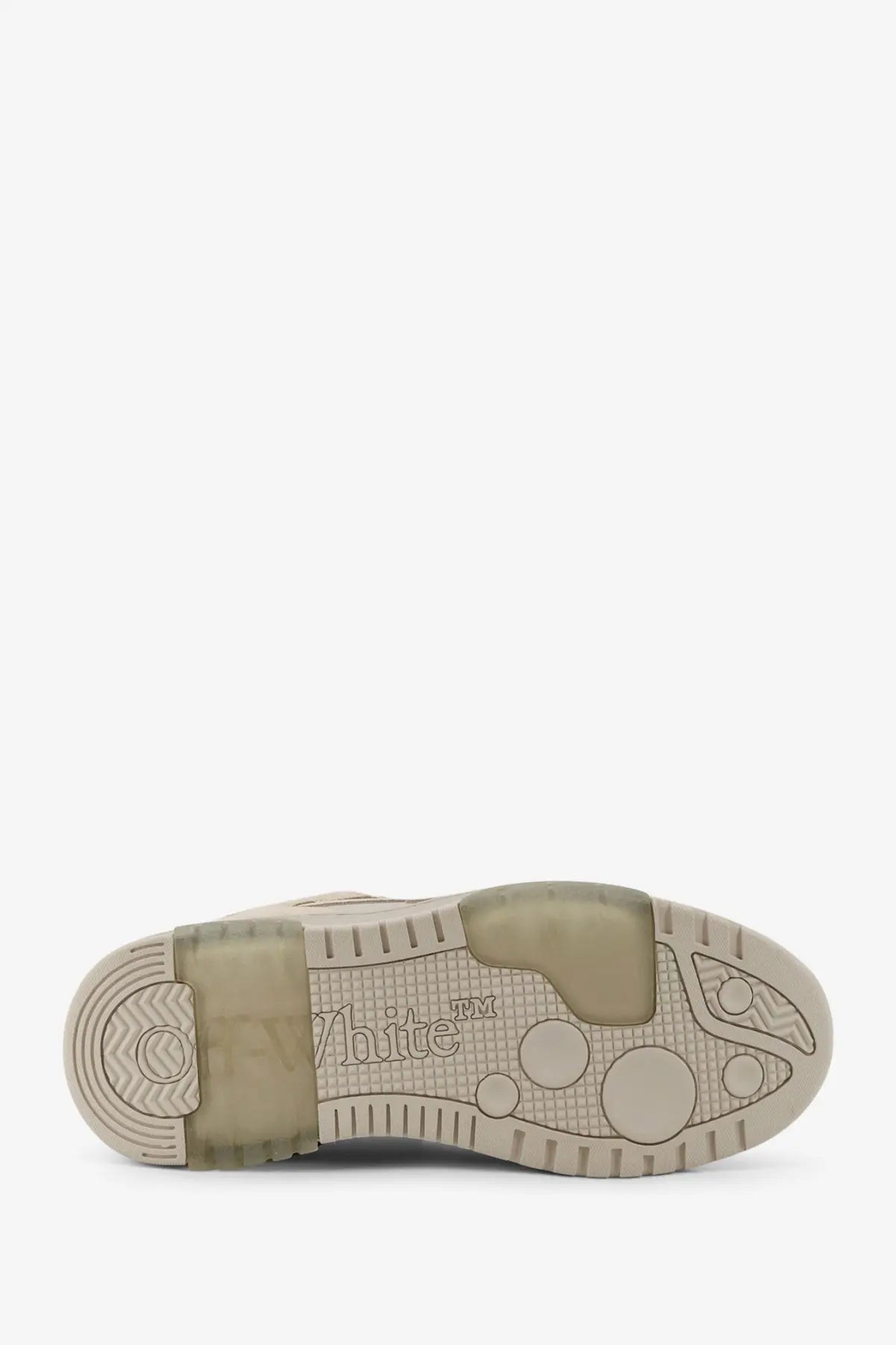 Off-White men’s out of office suede and leather sneaker in beige off-white with translucent rubber sole and embossed branding