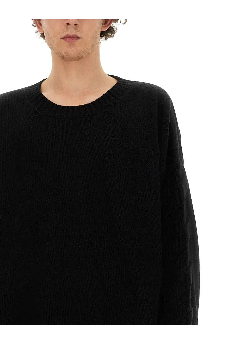 Off-white men’s oversize shirt black featuring a black ribbed-knit crewneck sweater with subtle textured pattern