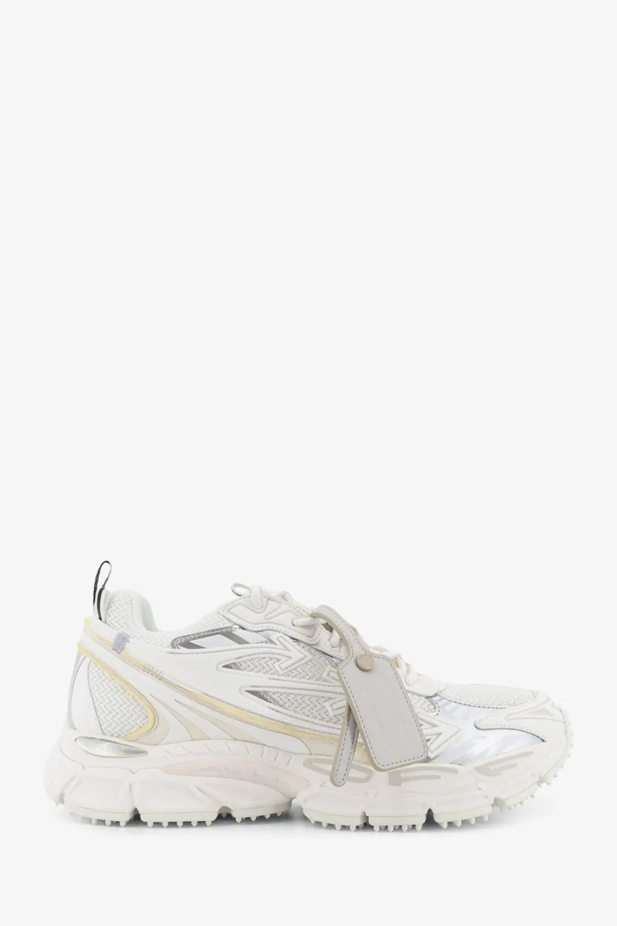 Off-White men’s ow be right back low top sneakers in white with silver chunky mesh and synthetic overlays and bold rubber sole