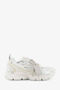 Off-White men’s ow be right back low top sneakers in white with silver chunky mesh and synthetic overlays and bold rubber sole