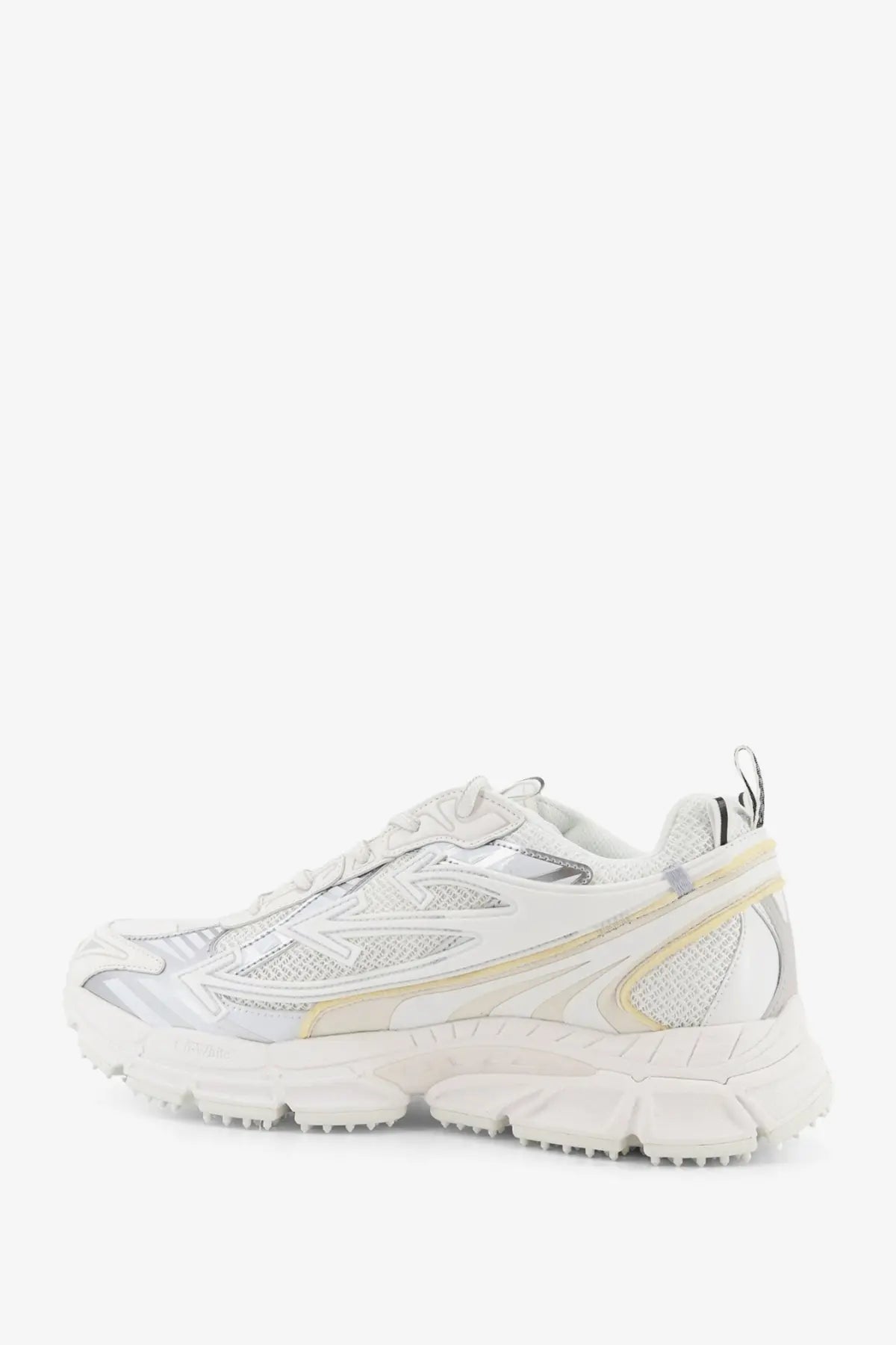 Off-White men’s ow be right back low top sneakers in white with silver mesh and a chunky textured sole