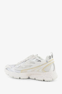 Off-White men’s ow be right back low top sneakers in white with silver mesh and a chunky textured sole
