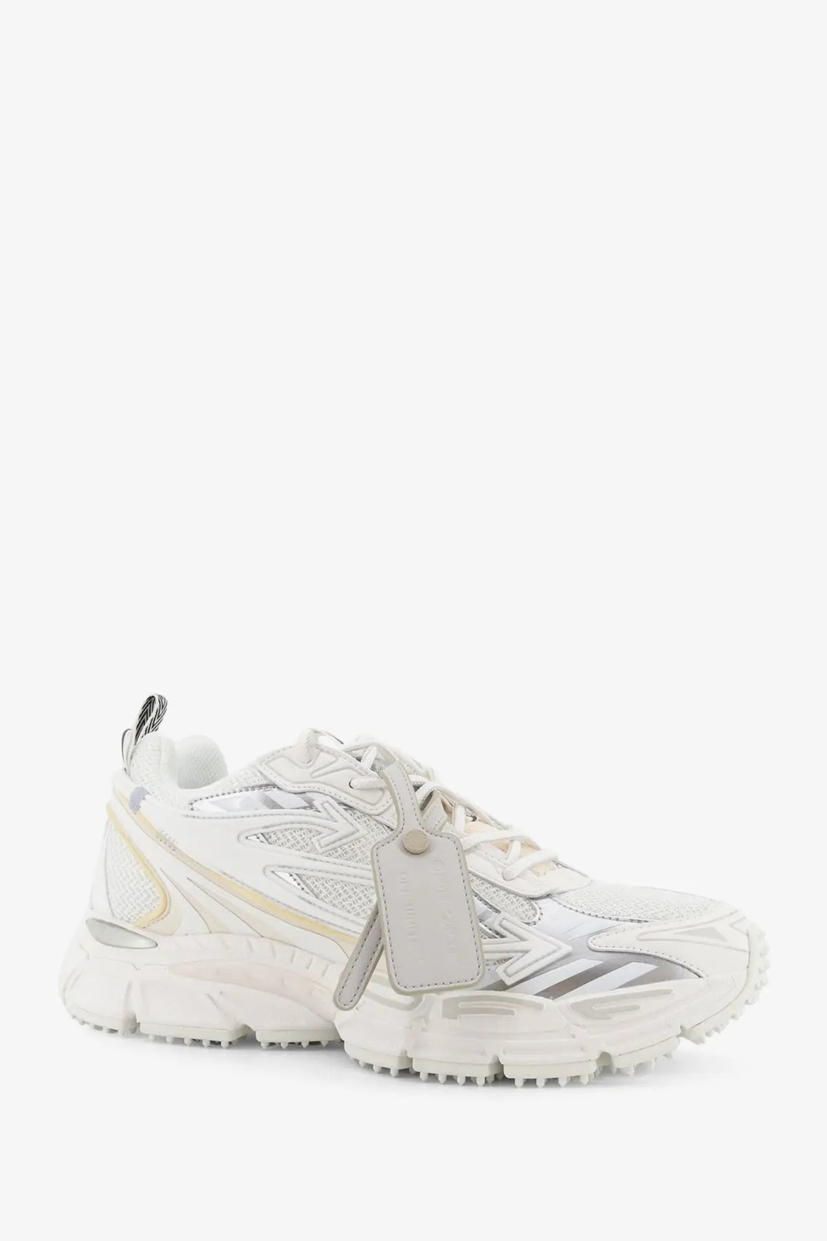 Off-white men’s ow be right back low top sneaker white with chunky sole mesh upper and silver beige accents